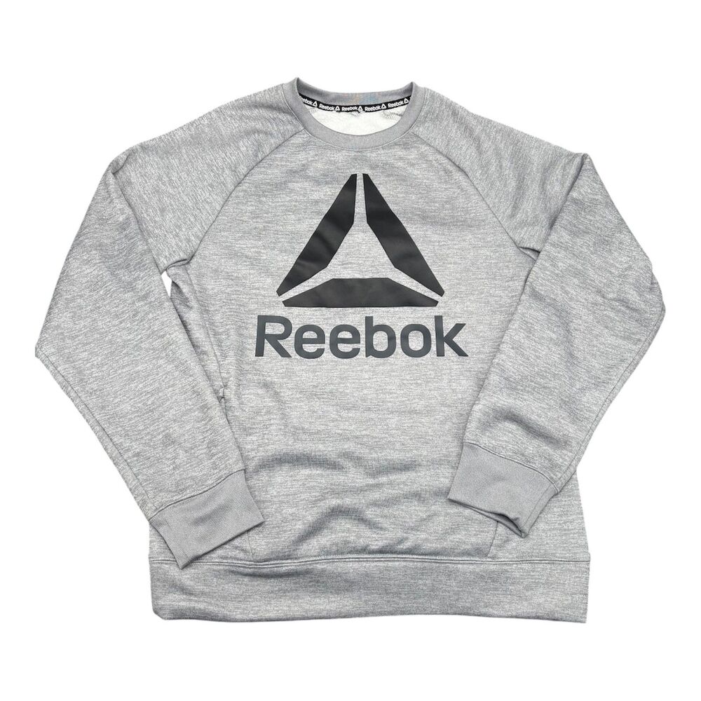 Reebok Womens Sweatshirt Logo Heather Gray Fleece Pullover Med Athletic Pocket